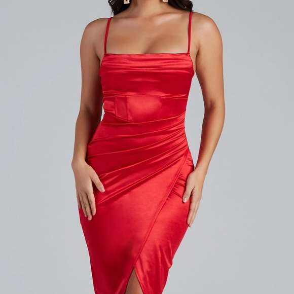 Margaret Formal Satin Charming Wrap Midi Dress